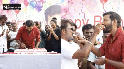 படப்பிடிப்பில் கேக் வெட்டி பிறந்தநாள் கொண்டாடிய நடிகர் விஷால் 60
