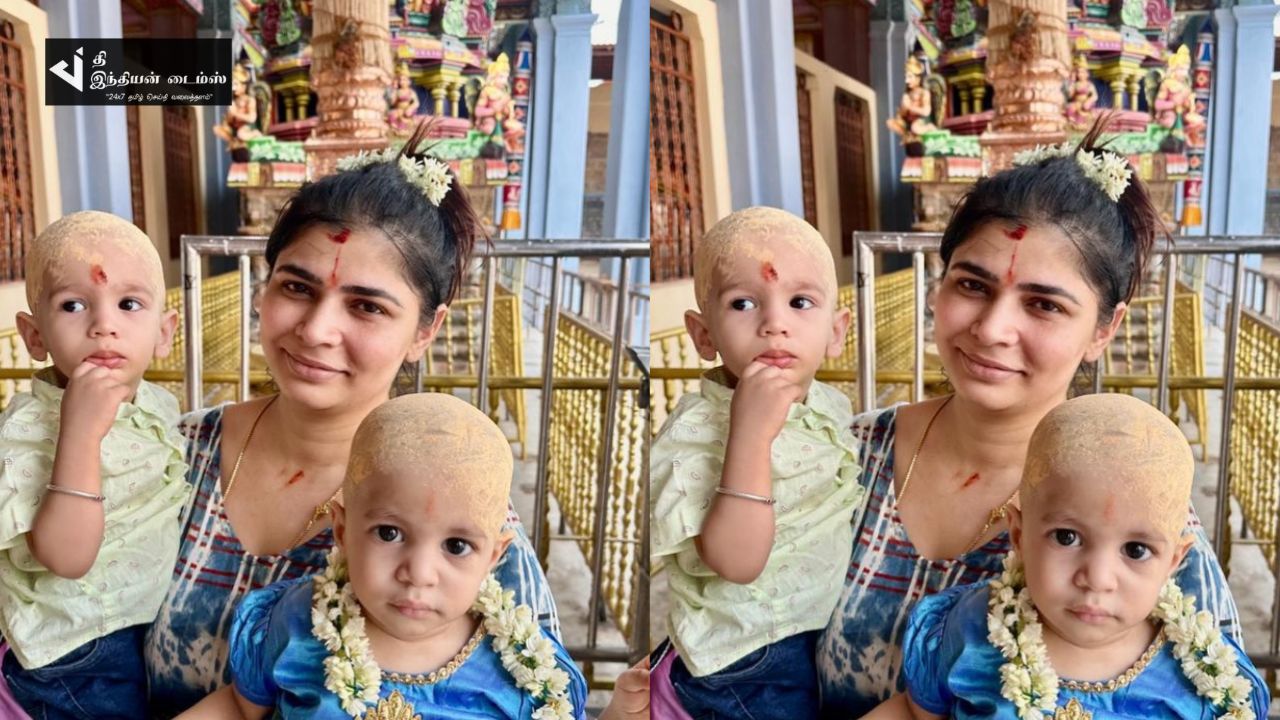 கோவிலில் தனது இரட்டை குழந்தைகளுக்கு மொட்டையடித்து காது குத்திய பாடகி சின்மயி
