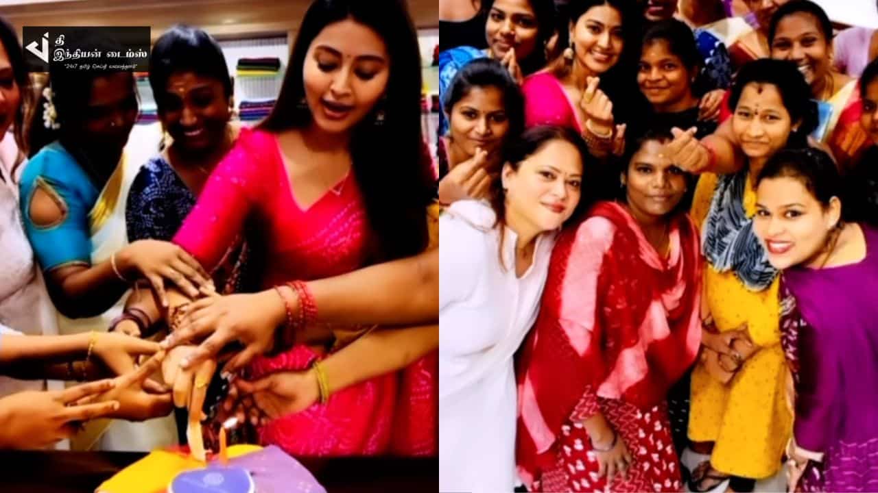 நடிகை சினேகா தனது சொந்த துணி கடை ஊழியர்களுடன் மகளிர் தின கொண்டாட்டம்