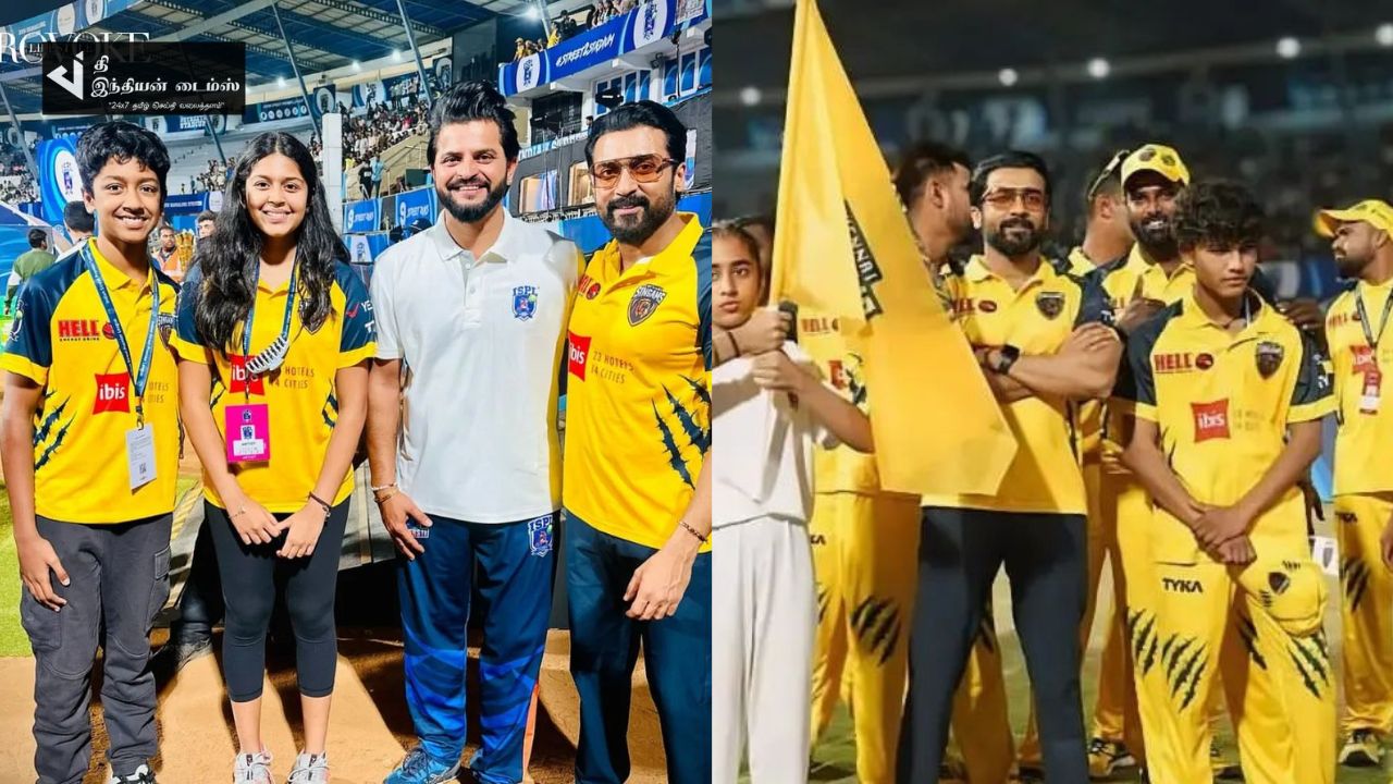 மகன் மகளுடன் கிரிக்கெட் பார்க்க வந்த நடிகர் சூர்யா
