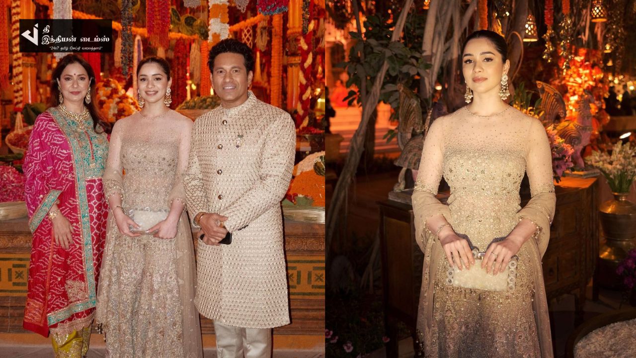 அம்பானி இல்ல திருமண விழாவில் தங்கம் போல ஜொலிக்கும் சச்சின் மகள் சாரா