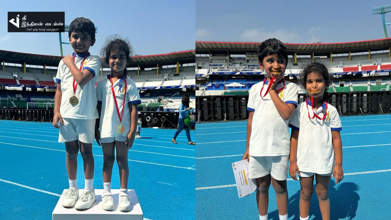 பள்ளி விளையாட்டு போட்டியில் முதல் பரிசு பெற்ற ராதிகா சரத்குமார் பேரன் பேத்தி