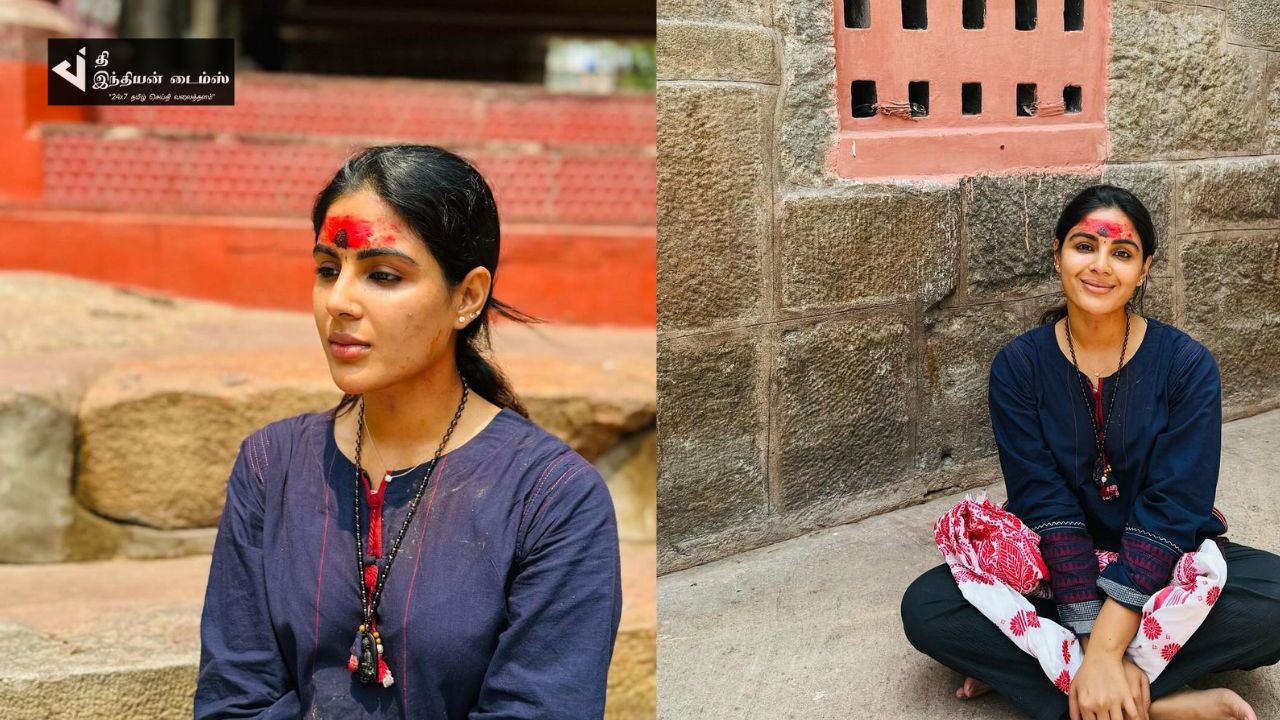நெற்றில் பட்டையுடன் கோவிலில் வாத்தி பட நாயகி சம்யுக்தா