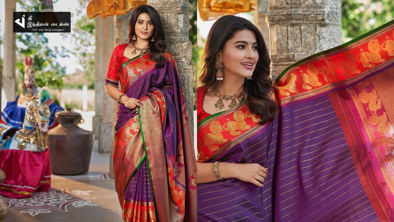 தனது துணி கடை விளம்பரத்திற்கு பட்டு சேலையில் போஸ் கொடுக்கும் நடிகை சினேகா