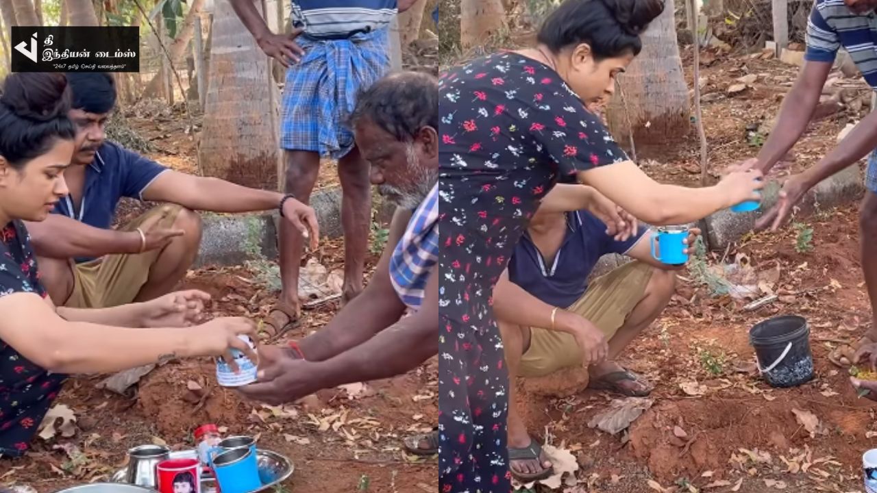 தனது தோட்டத்தில் வேலை செய்பவர்களுக்கு அன்பாக உணவு வழங்கும் கன்னிகா சினேகன்