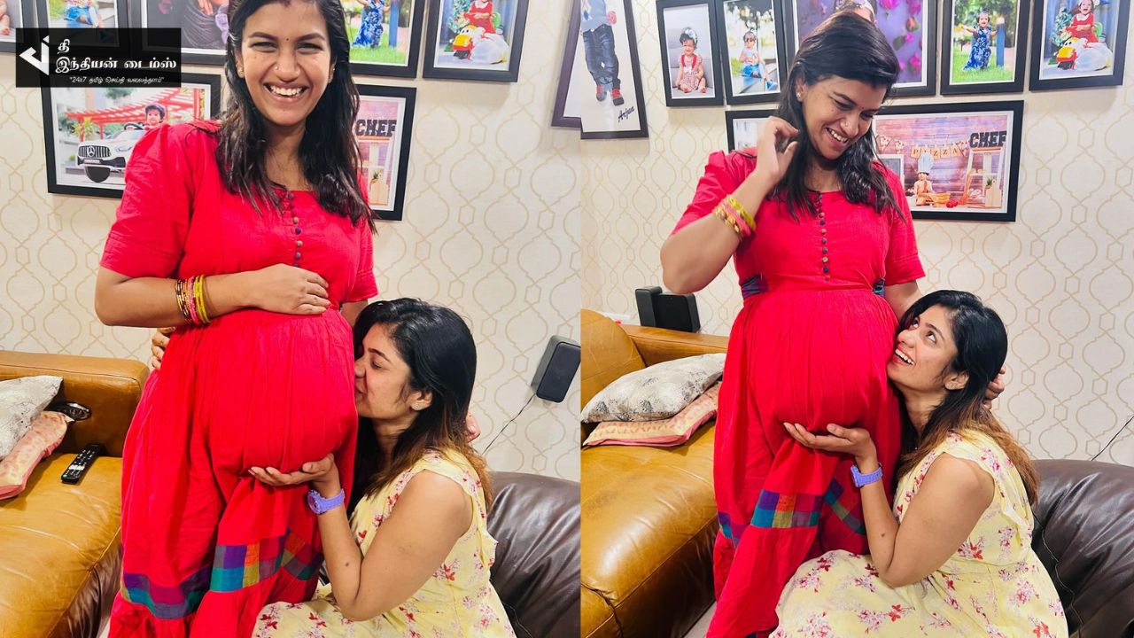 நிறைமாதமாக இருக்கும் ஸ்ரீதேவியை நேரில் சந்தித்த மோதலும் காதலும் சீரியல் நாயகி