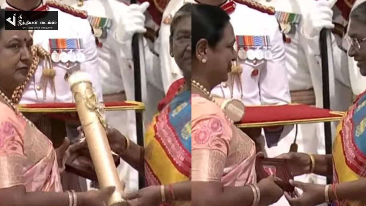 கேப்டன் விஜயகாந்திற்கான பத்மபூஷன் விருதை மனைவி பிரேமலதா பெற்றுக்கொண்டார்