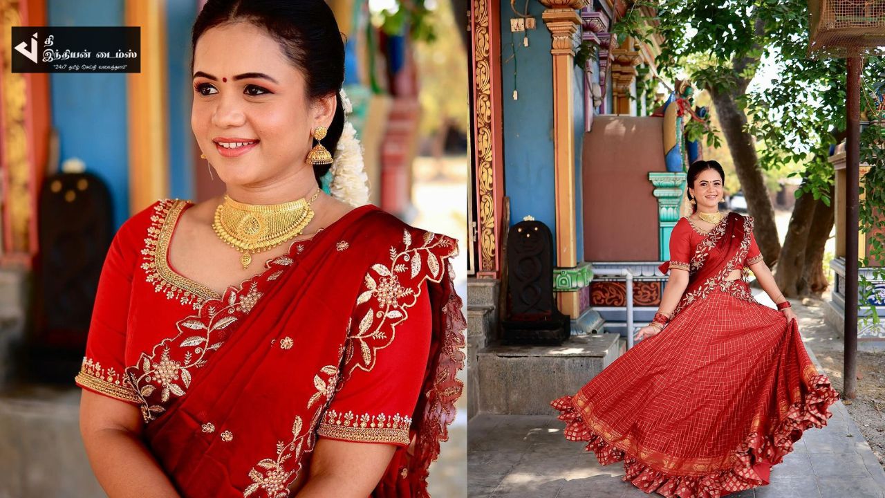 பாவாடை தாவணியில் மங்களகரமாக வந்த மணிமேகலை