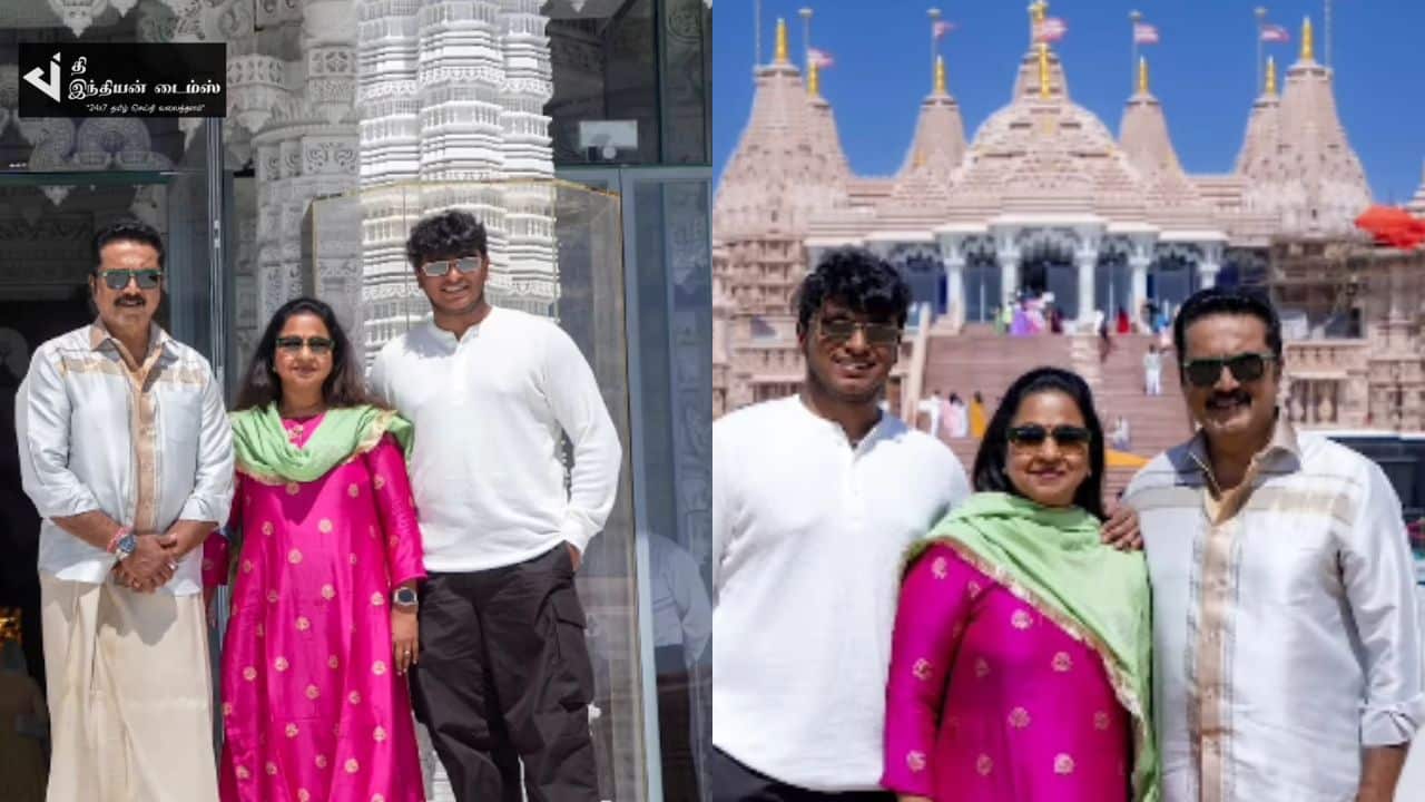 மனைவி மகன் உடன் அபுதாபி நாட்டில் கோவில் சென்ற நடிகர் சரத்குமார்