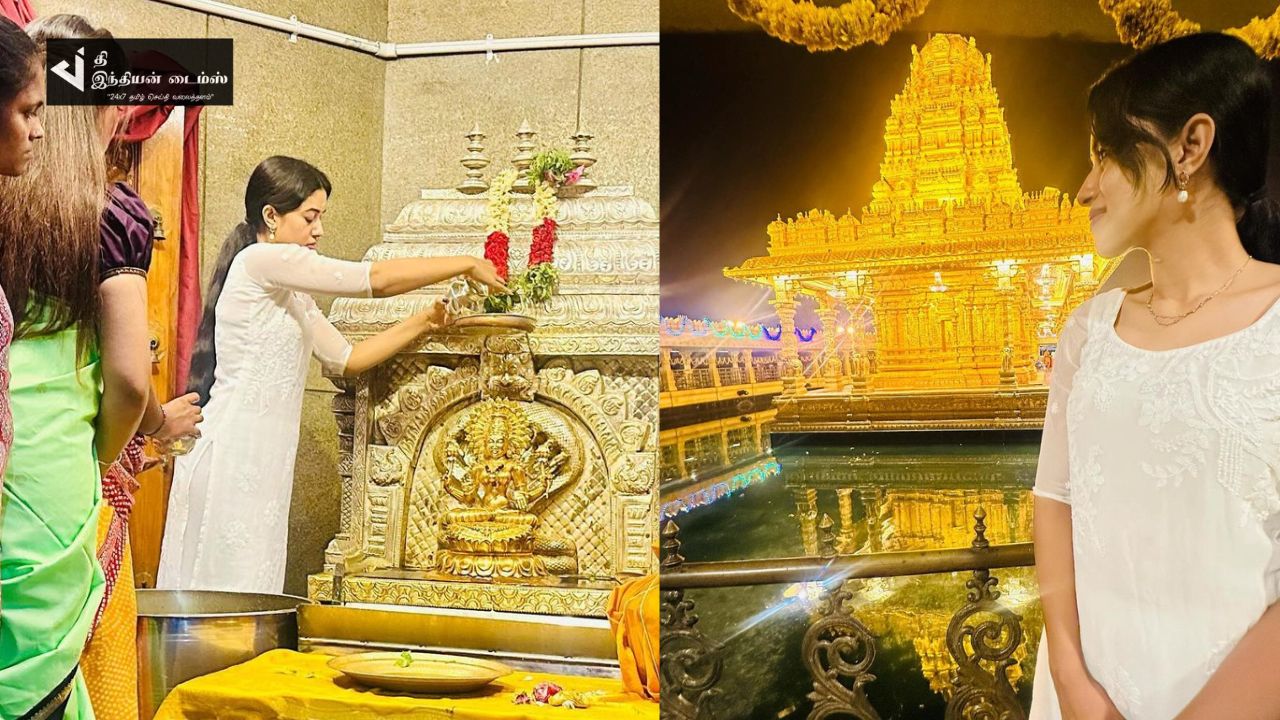 கோவிலில் சுவாமி தரிசனம் செய்து அன்னதானம் வழங்கிய நடிகை மிர்னாலினி ரவி