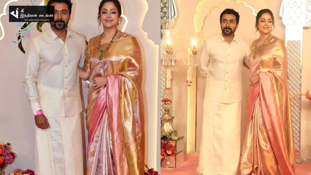 மனைவி ஜோதிகா உடன் அம்பானி இல்ல திருமண விழாவில் நடிகர் சூர்யா