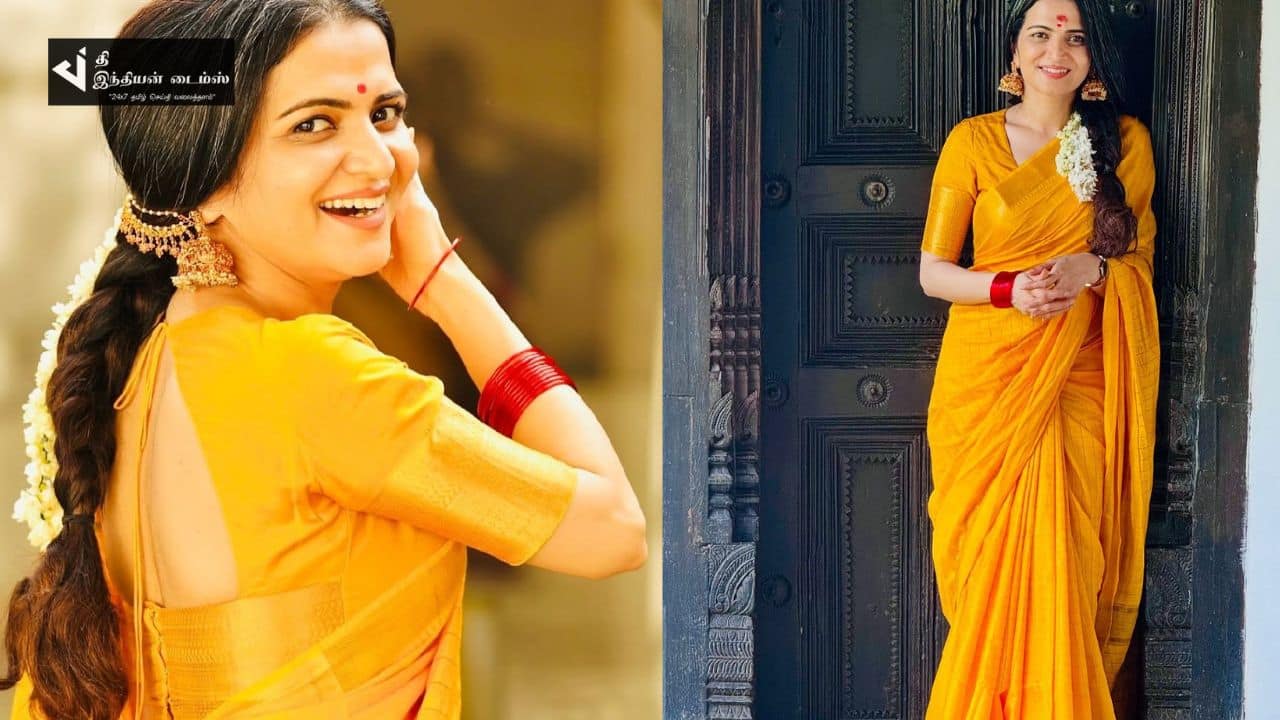 மஞ்சள் நிறமே மஞ்சள் நிறமே..! சேலையில் அசத்தும் தொகுப்பாளினி DD..!