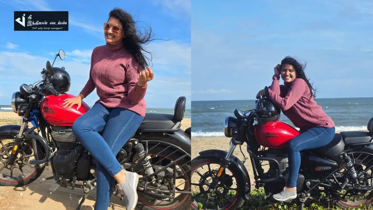 தனது ராயல் என்பீல்டு பைக்கில் ரவுண்டு சென்ற நடிகை ரட்சிதா மஹாலக்ஷ்மி