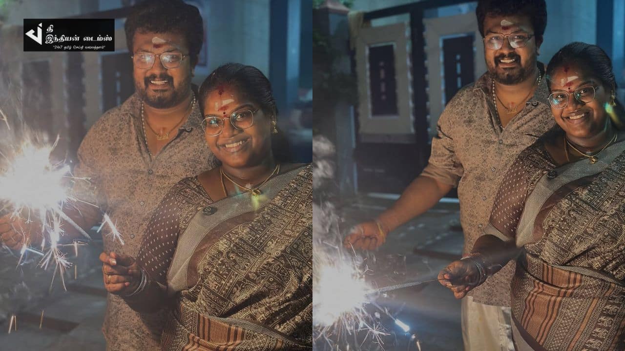 கணவருடன் கார்த்திகை தீப நாளை கொண்டாடிய நடிகை இந்திரஜா ரோபோ சங்கர்