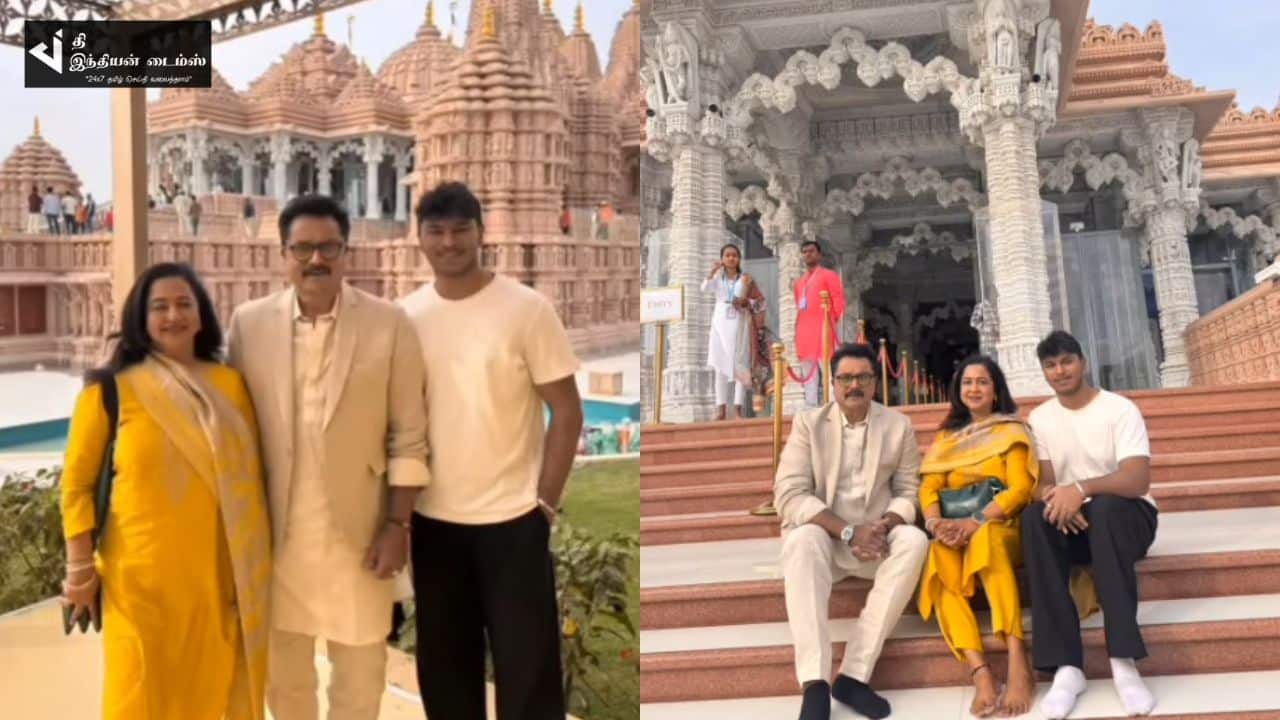குடும்பத்துடன் அபுதாபி கோவிலில் சுவாமி தரிசனம் செய்த நடிகர் சரத்குமார்