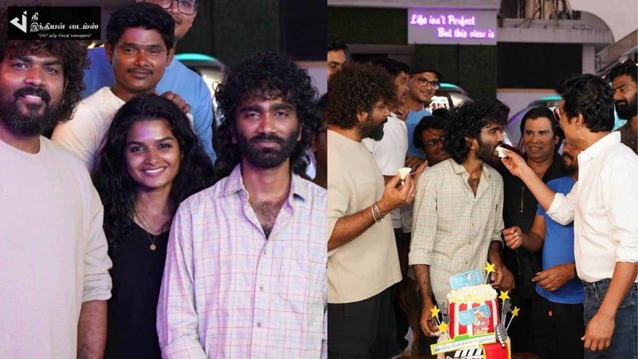 டிராகன் வெற்றியை LIK படப்பிடிப்பில் கேக் வெட்டி கொண்டாடிய நடிகர் பிரதீப் ரங்கநாதன்