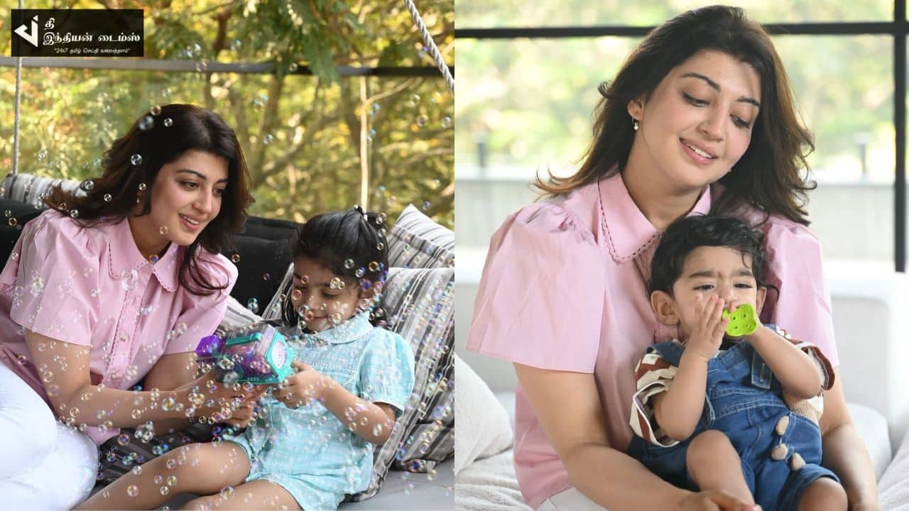 தனது இரண்டு மகள்களுடன் சகுனி பட நாயகி ப்ரணிதா